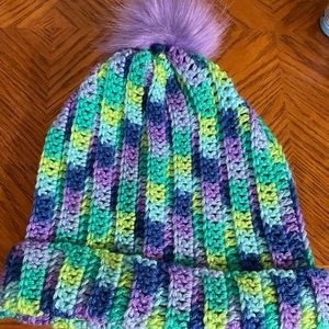 Handmade Women’s beanie hat with Pom Pom Variegated colors purple and teal